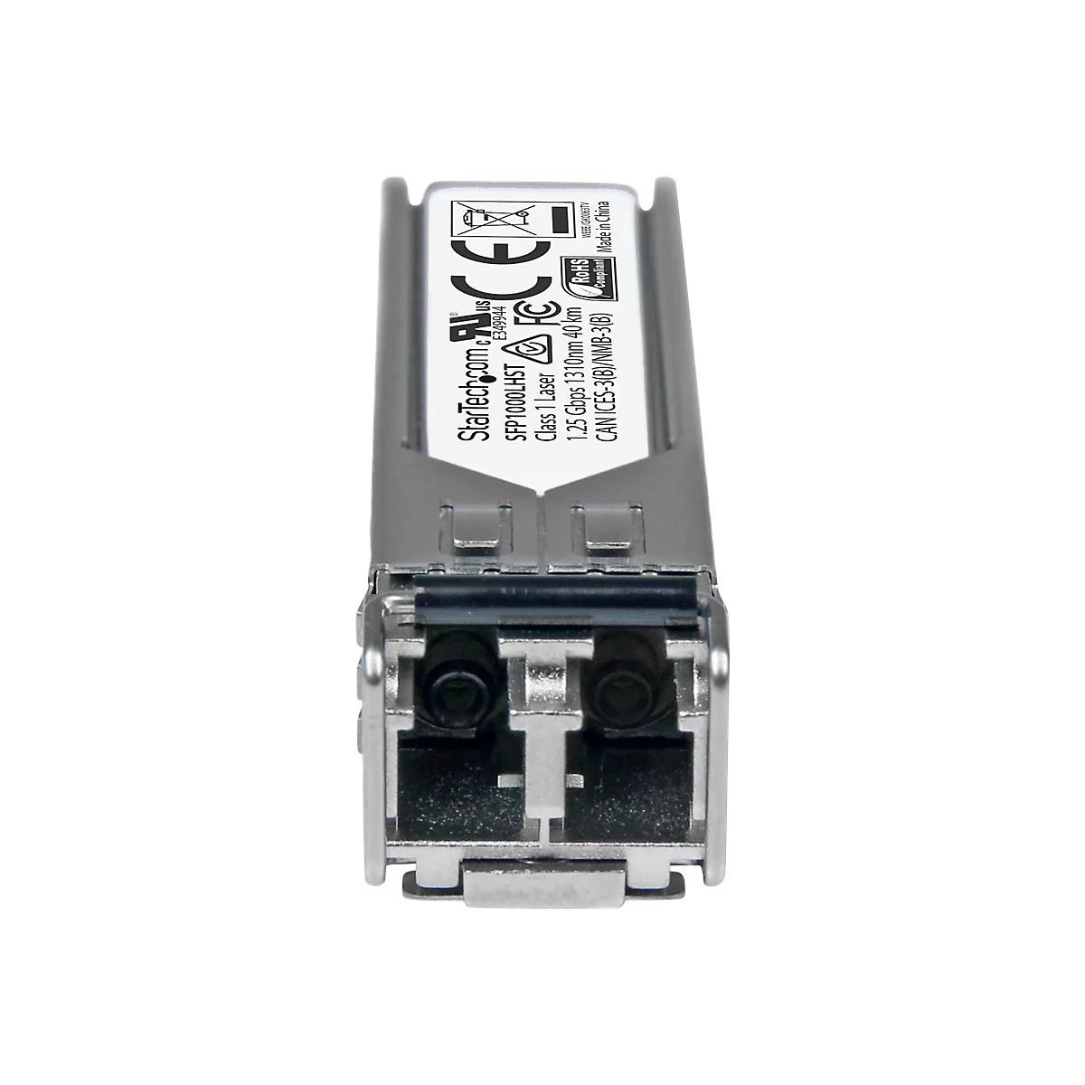 Ein silberfarbener SFP-Transceiver mit verschiedenen Kennzeichnungen, u.a. StarTech.com und technische Details.