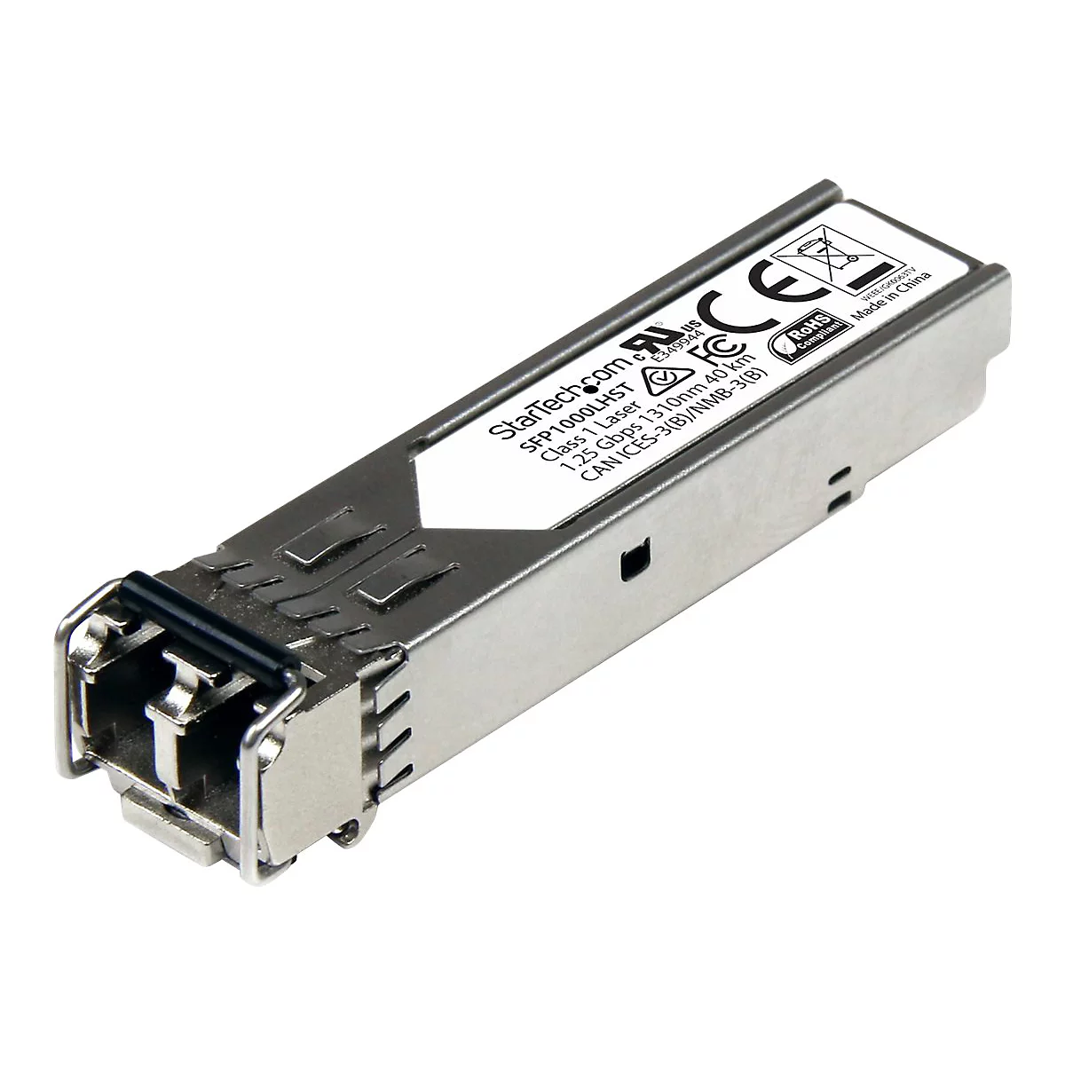 Ein silberner SFP-Transceiver mit weißem Etikett, das Produktinformationen und Logo zeigt.