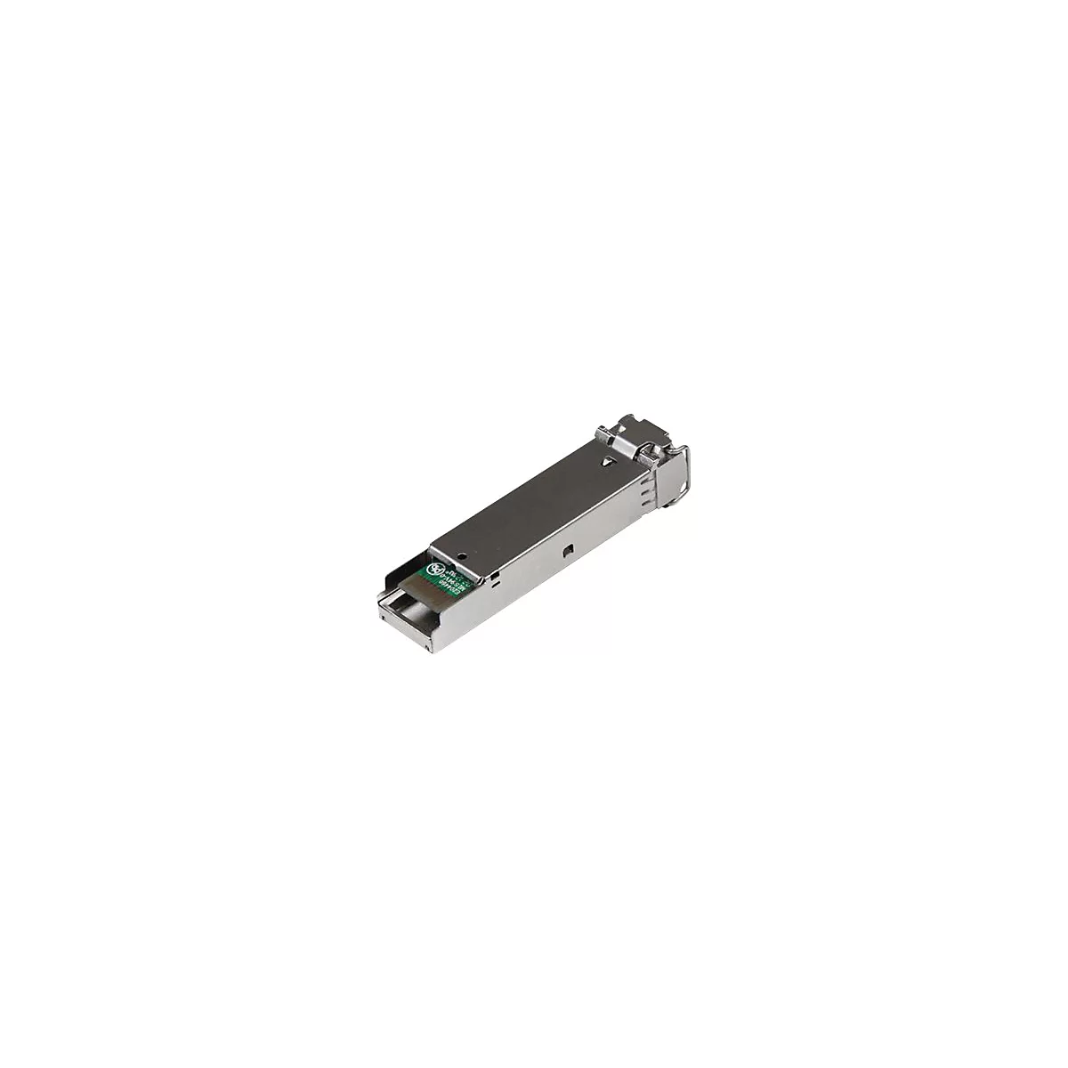 Metallfarbener Netzwerkadapter, mit grünem Aufdruck auf einem kleinen Chip.