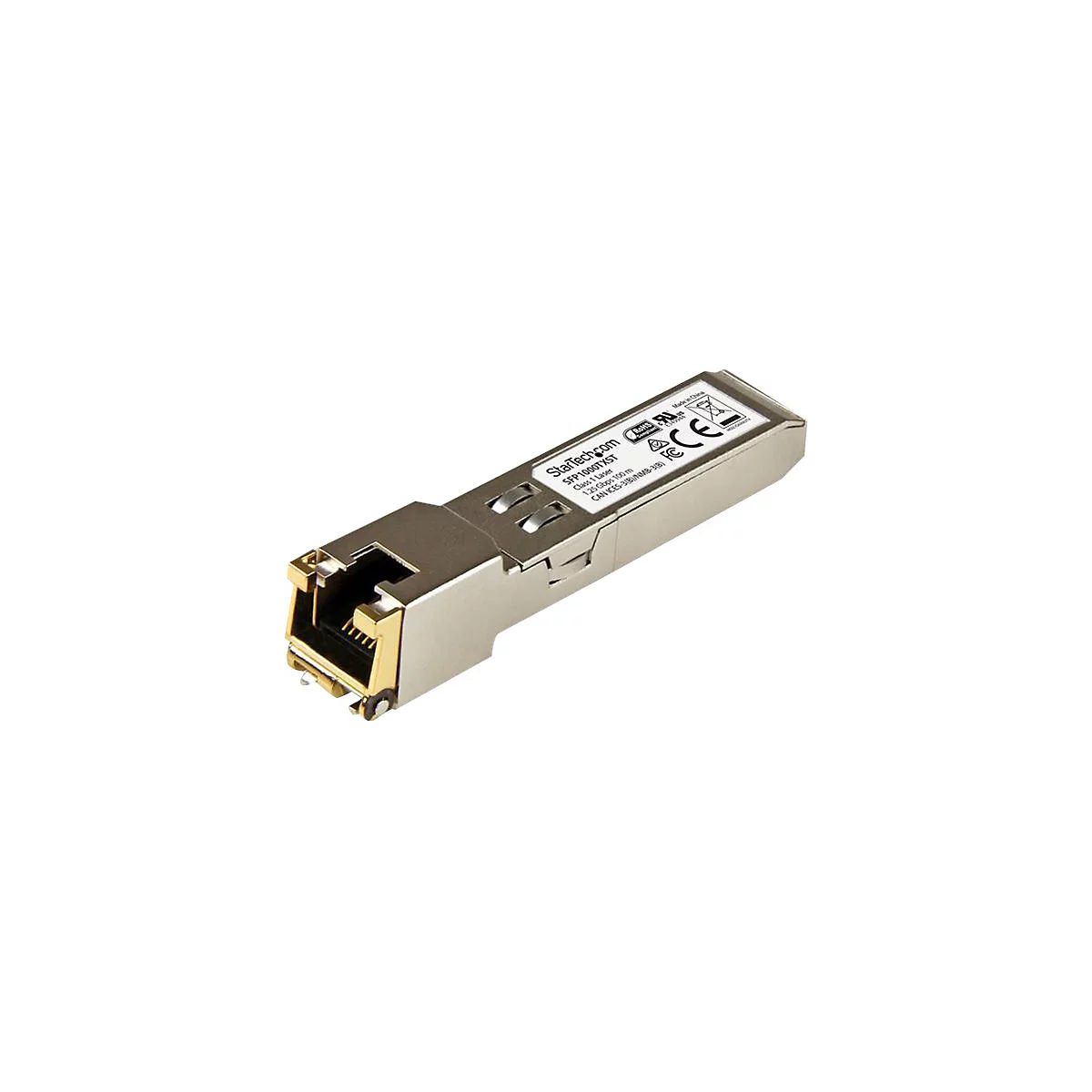 Ein silberner Netzwerktransceiver mit goldenen Kontakten, Aufschrift StarTech.com und SFP1000TXST.