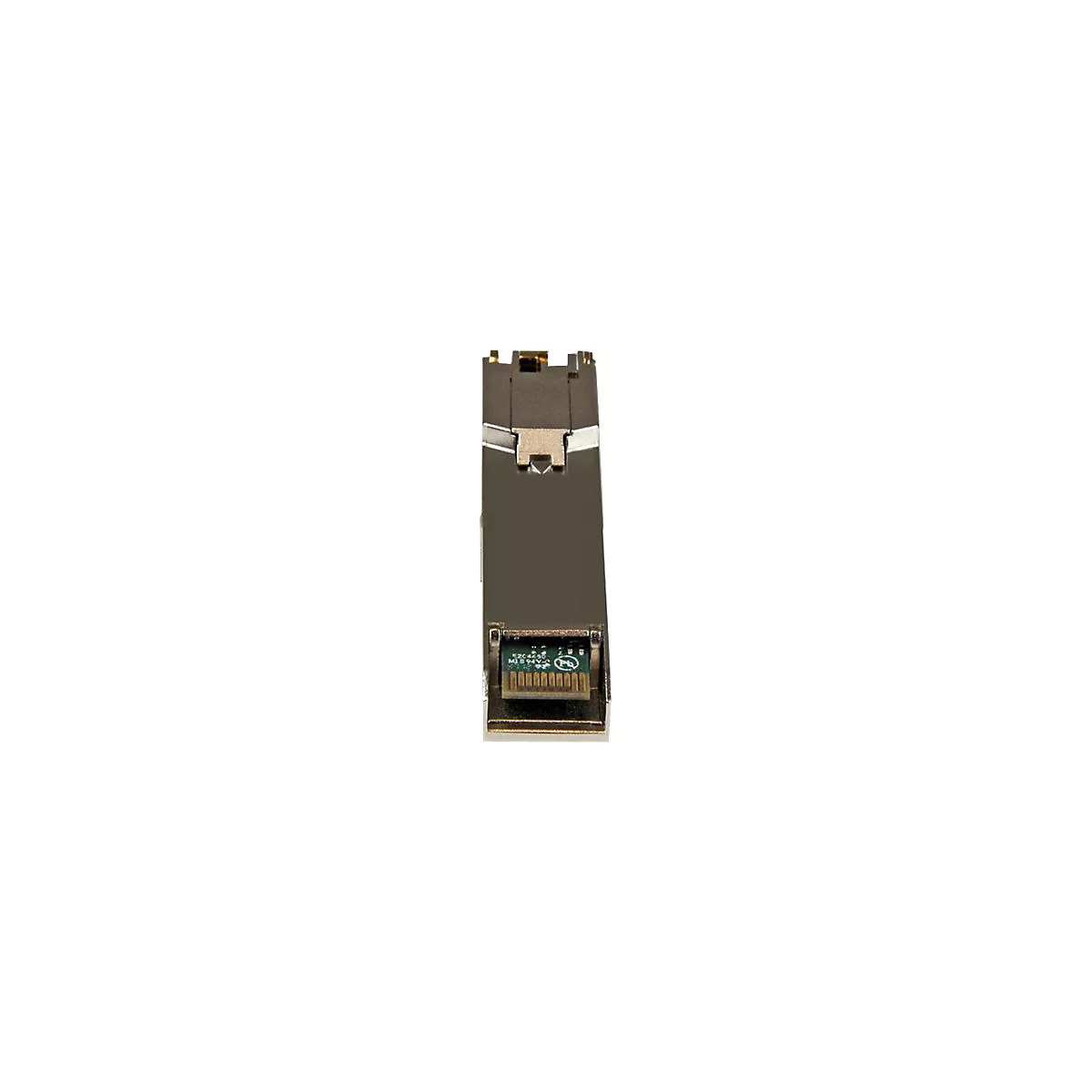 Nahaufnahme eines SFP-Transceivers. Hauptsächlich Metallgehäuse mit grünem, beschriftetem Miniatur-Schaltkreis.