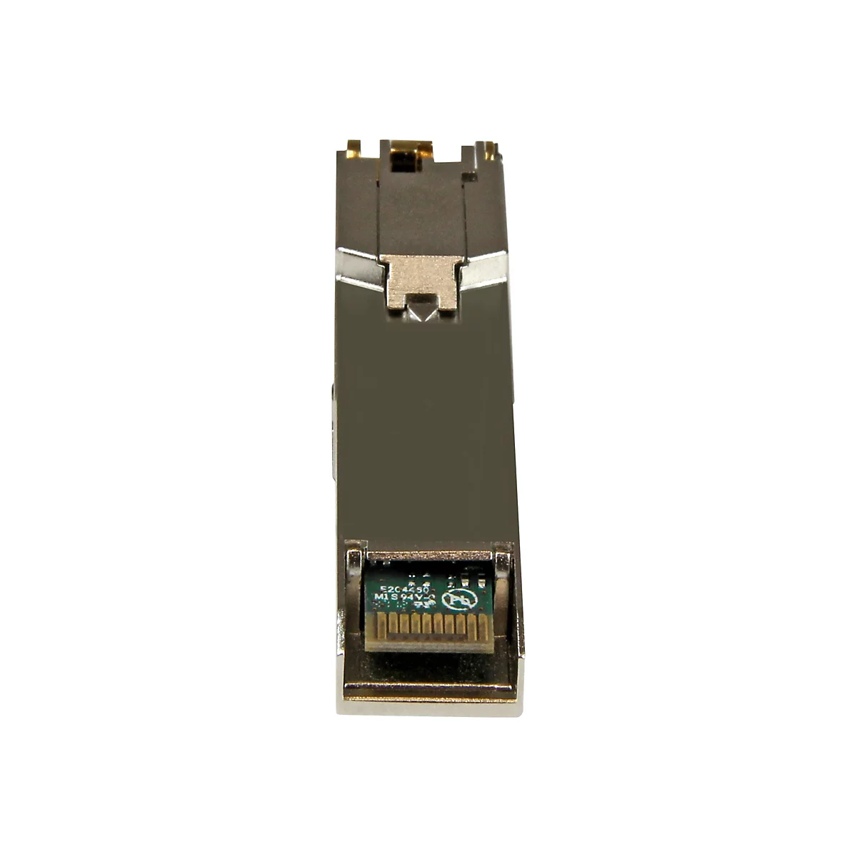 Ein silberfarbenes elektronisches Bauteil mit grüner Platine und Schriftzug.