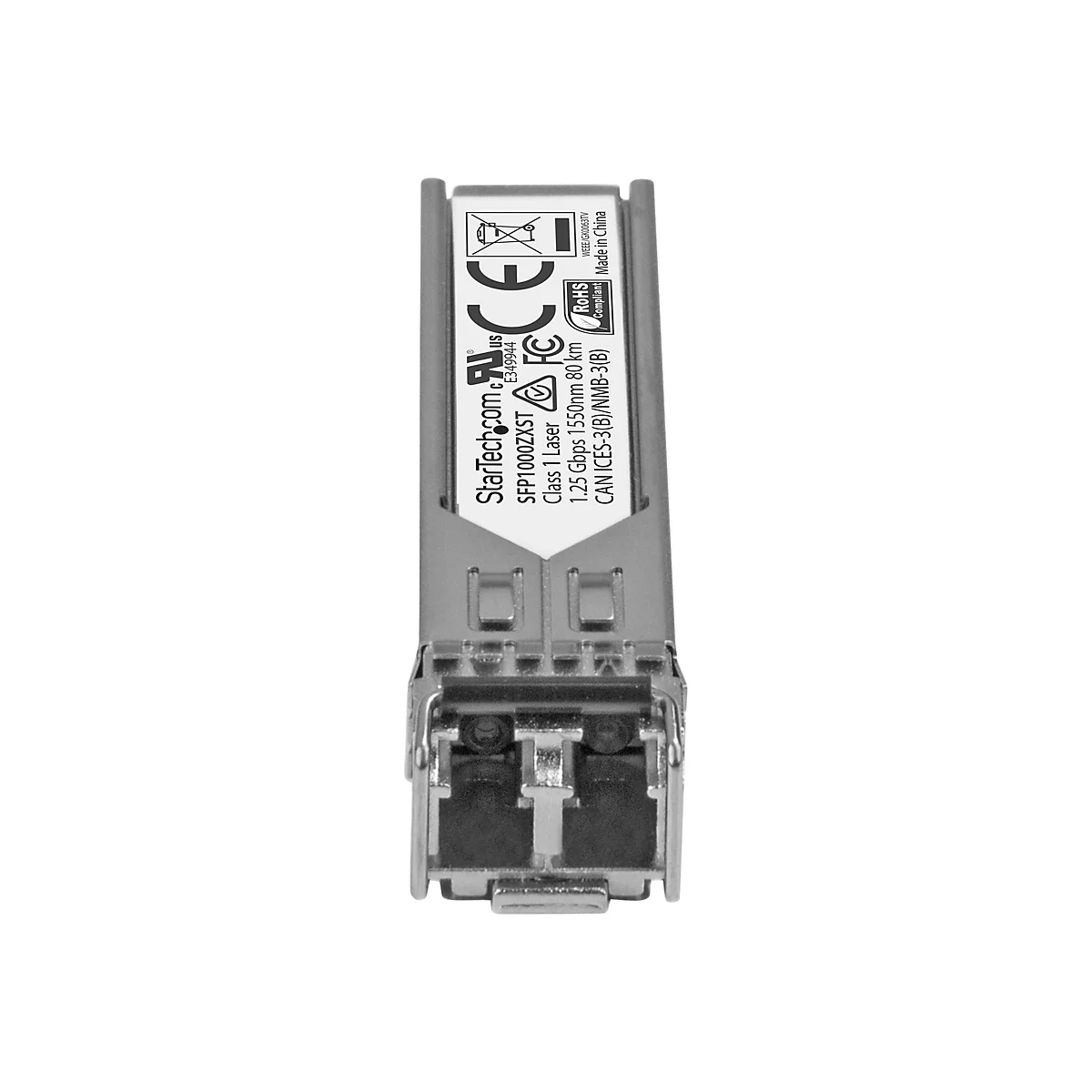 Ein silbernes SFP-Modul, beschriftet mit Produktinformationen und Logos.