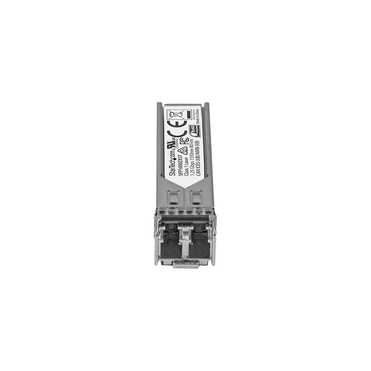 Ein silberner SFP-Transceiver. Beschriftungen zeigen Produkt- und Konformitätsinformationen, einschließlich StarTech.com und RoHS-Logo.