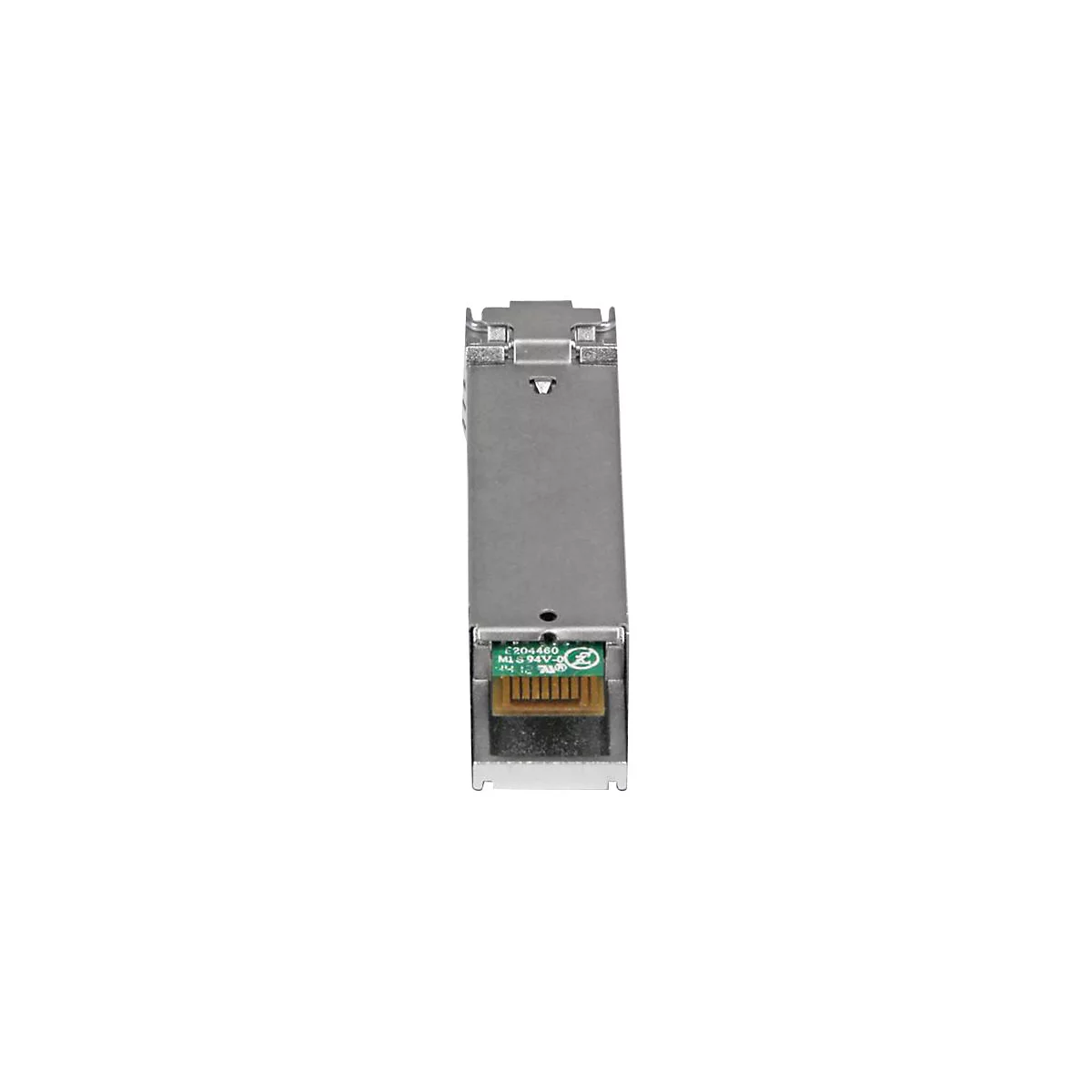 Metallfarbenes elektronisches Bauteil mit grünem Print, Text: E204480 M1 S 94V-0.