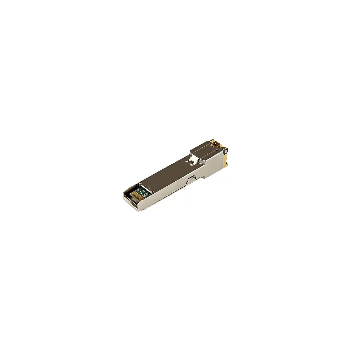 Ein silberner SFP-Transceiver, einsteckbar mit kleiner Platine. Goldfarbene und metallfarbene Details.