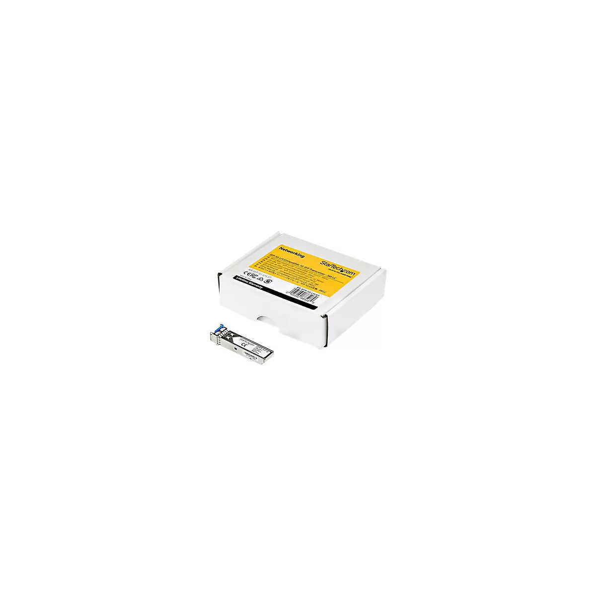 Ein Transceiver neben der Verpackung. Auf der Verpackung steht „Networking“ und „Startech.com“. Der Transceiver ist silberfarben mit blauen Elementen.