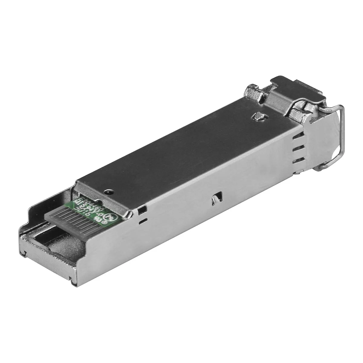 Ein silbernes Netzwerkmodul mit grünem Chip, Detailansicht. Auf dem Chip sind Zahlen und Buchstaben zu erkennen.