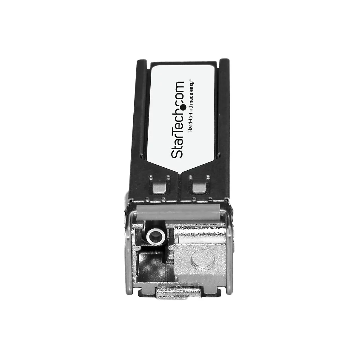 Ein schwarzes SFP-Modul mit weißem StarTech.com-Logo. Aufschrift: Hard-to-find made easy.