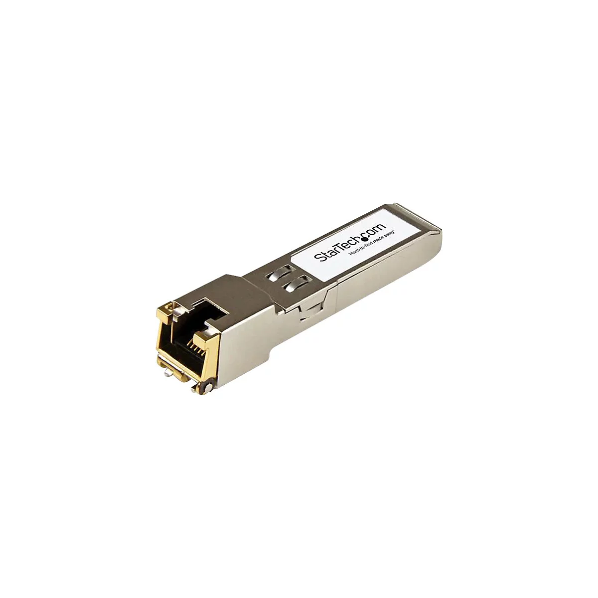 Ein silberner Ethernet-Transceiver mit goldenen Kontakten und StarTech.com Logo.