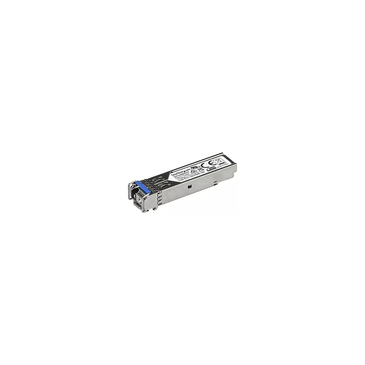 Ein silberner SFP-Transceiver mit blauem Clip und Beschriftung.