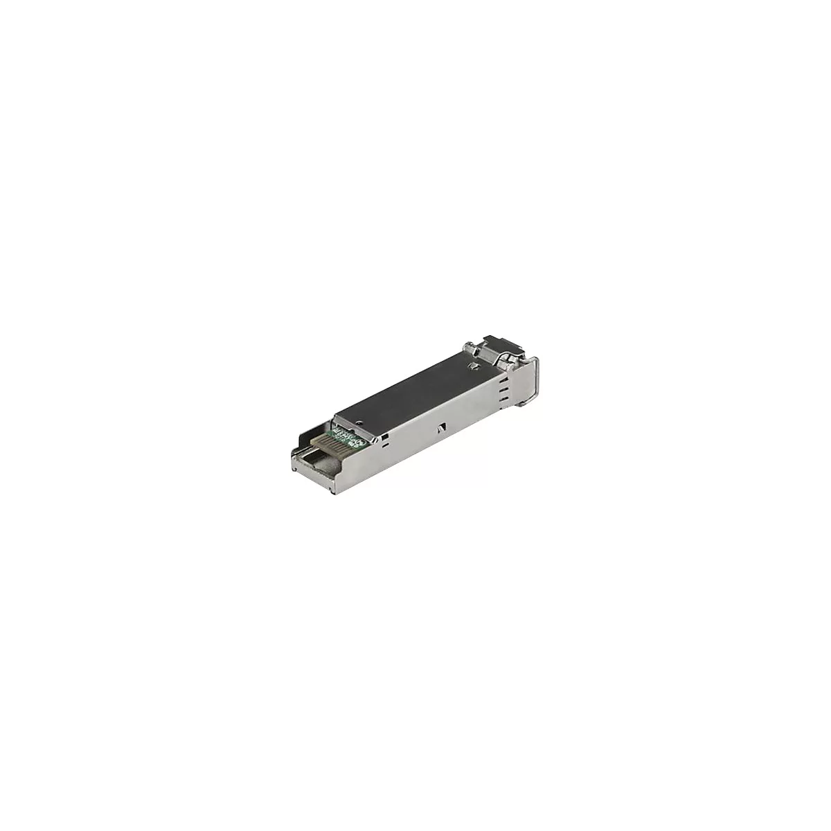 Ein silberner SFP-Transceiver, ein Netzwerk-Hardware-Bauteil, mit einem grünen Steckverbinder und metallischen Merkmalen.