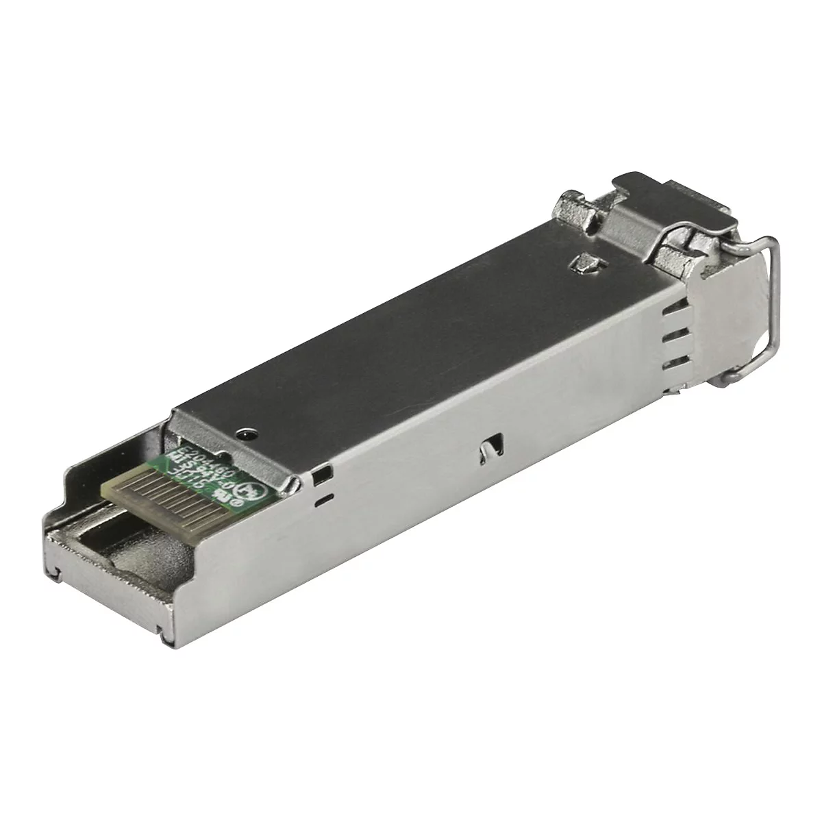 Ein silberner SFP-Transceiver, einsteckbares Netzwerkmodul, mit grüner Platine und Aufschriften.