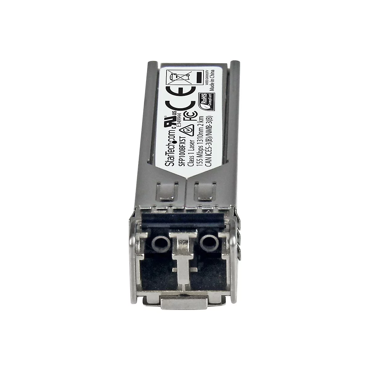 Nahaufnahme eines SFP-Transceivers. Aufschrift: StarTech.com, Modell SFP100BFXST, RoHS-konform.
