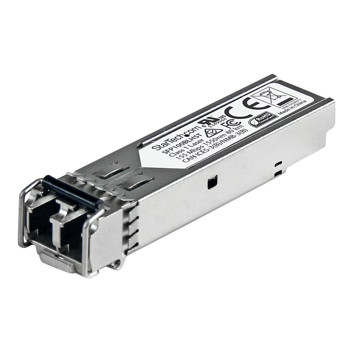 Ein silberner SFP-Transceiver, beschriftet mit StarTech.com und technischen Daten. Mit RoHS-Zertifizierung und "Made in China" Aufdruck.