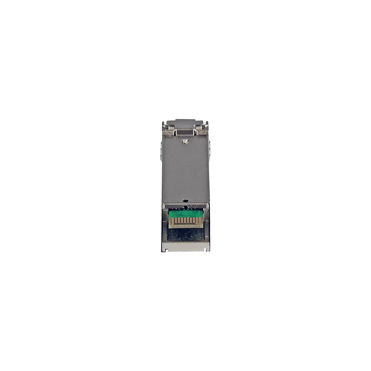 Ein rechteckiges, silberfarbenes elektronisches Gerät mit einem grünen Steckverbinder unten. Auf hellem Hintergrund.