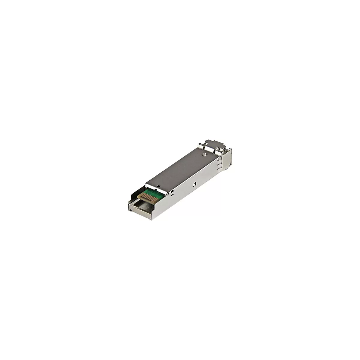 Ein silbernes Netzwerkmodul mit grünem Steckverbinder. Das Gehäuse ist rechteckig und metallisch.