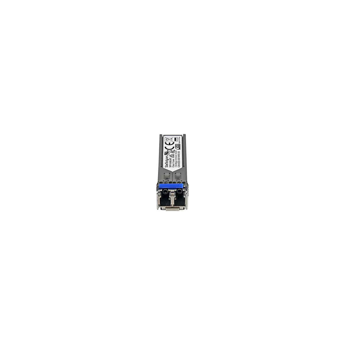 Ein SFP-Modul mit Aufschrift Startech.com, blauer Halterung, technischen Daten und Zertifizierungen.