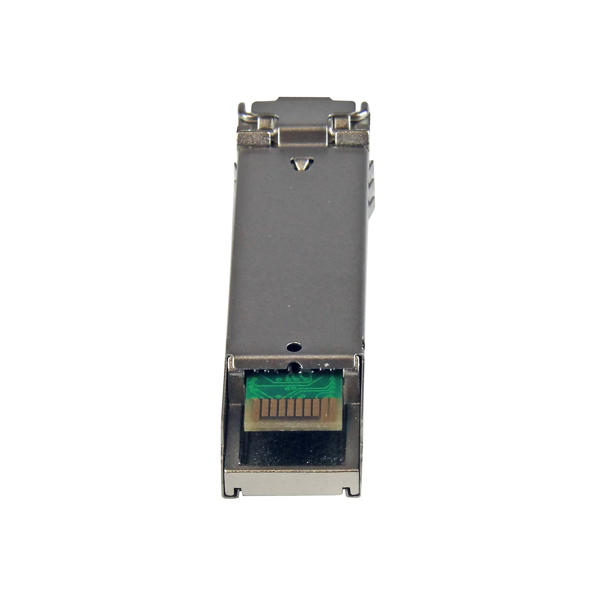 Metallfarbenes SFP-Modul, von oben fotografiert. Man erkennt eine Platine mit elektronischen Bauteilen.