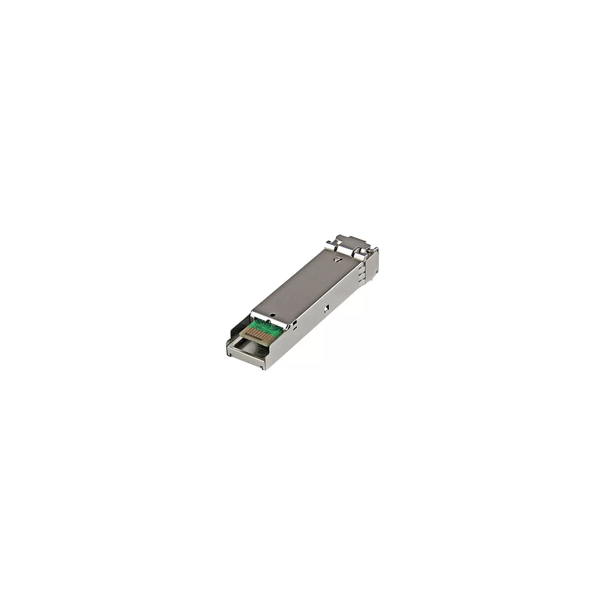 Ein silberner SFP-Transceiver. Vorderseite mit grünem und goldfarbenem Anschluss.