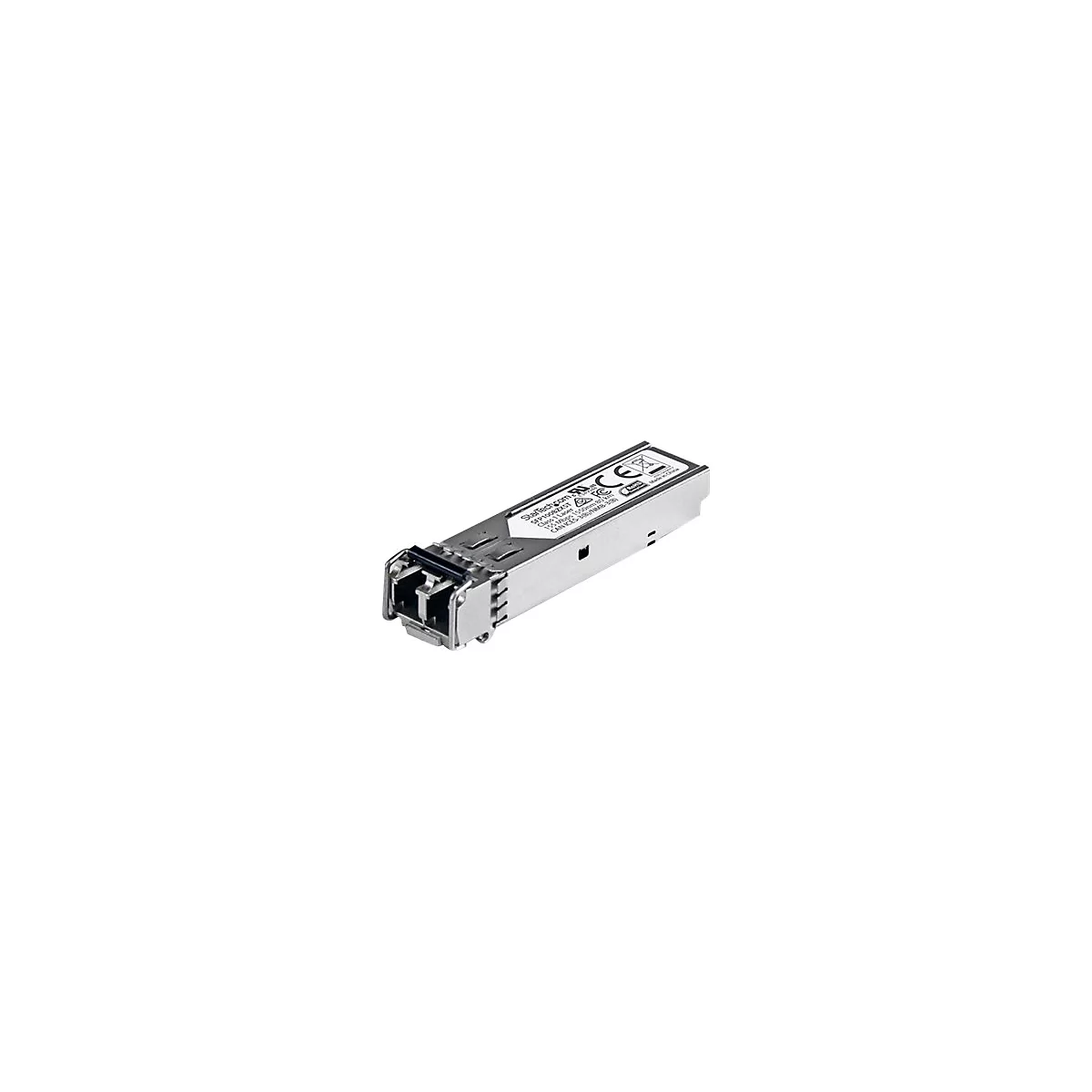Ein silbernes SFP-Modul, beschriftet mit Produktinformationen von StarTech.com.