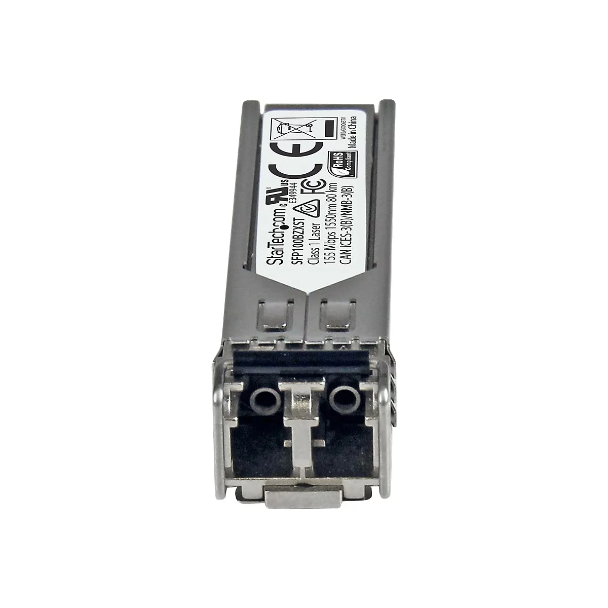 Nahaufnahme eines SFP-Moduls. Das Metallgehäuse trägt den Aufdruck StarTech.com und technische Daten.