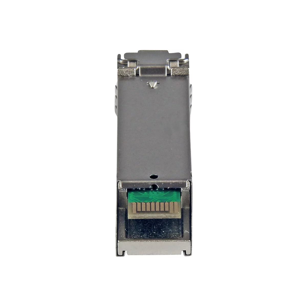 Ein graues elektronisches Bauteil, auf weißem Hintergrund. Unten ein grüner Chip mit goldenen Kontakten.