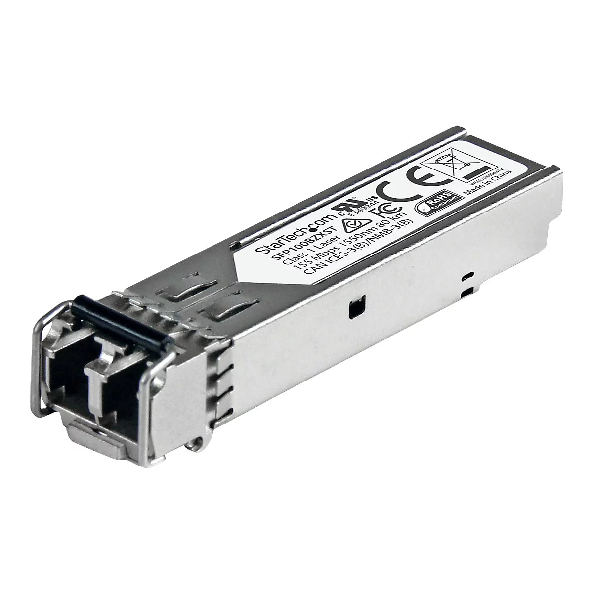Ein silbernes SFP-Modul mit Aufschrift StarTech.com und technischen Daten. Es sind CE-Kennzeichnung und RoHS-Konformität zu sehen.