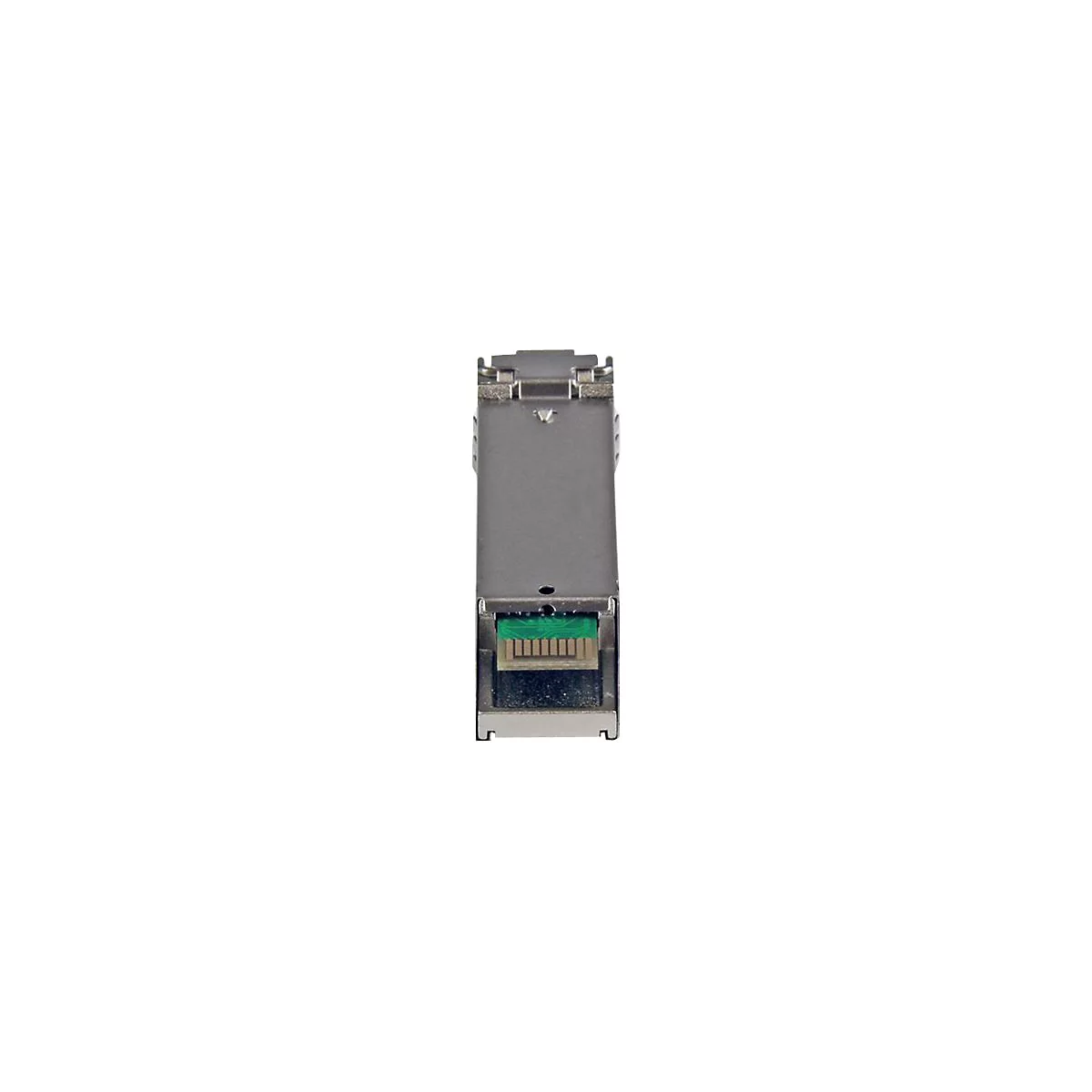 Ein rechteckiger, metallfarbener Netzwerkstecker mit einem grünen Steckbereich.