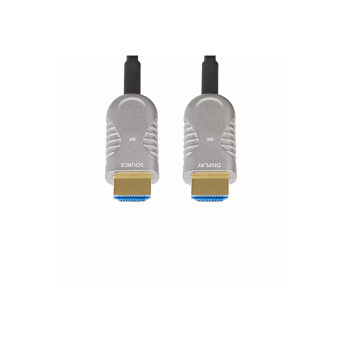 Deux câbles HDMI argentés avec marquage 8K, 'SOURCE' et 'DISPLAY'. Connecteurs bleus sur fond blanc.