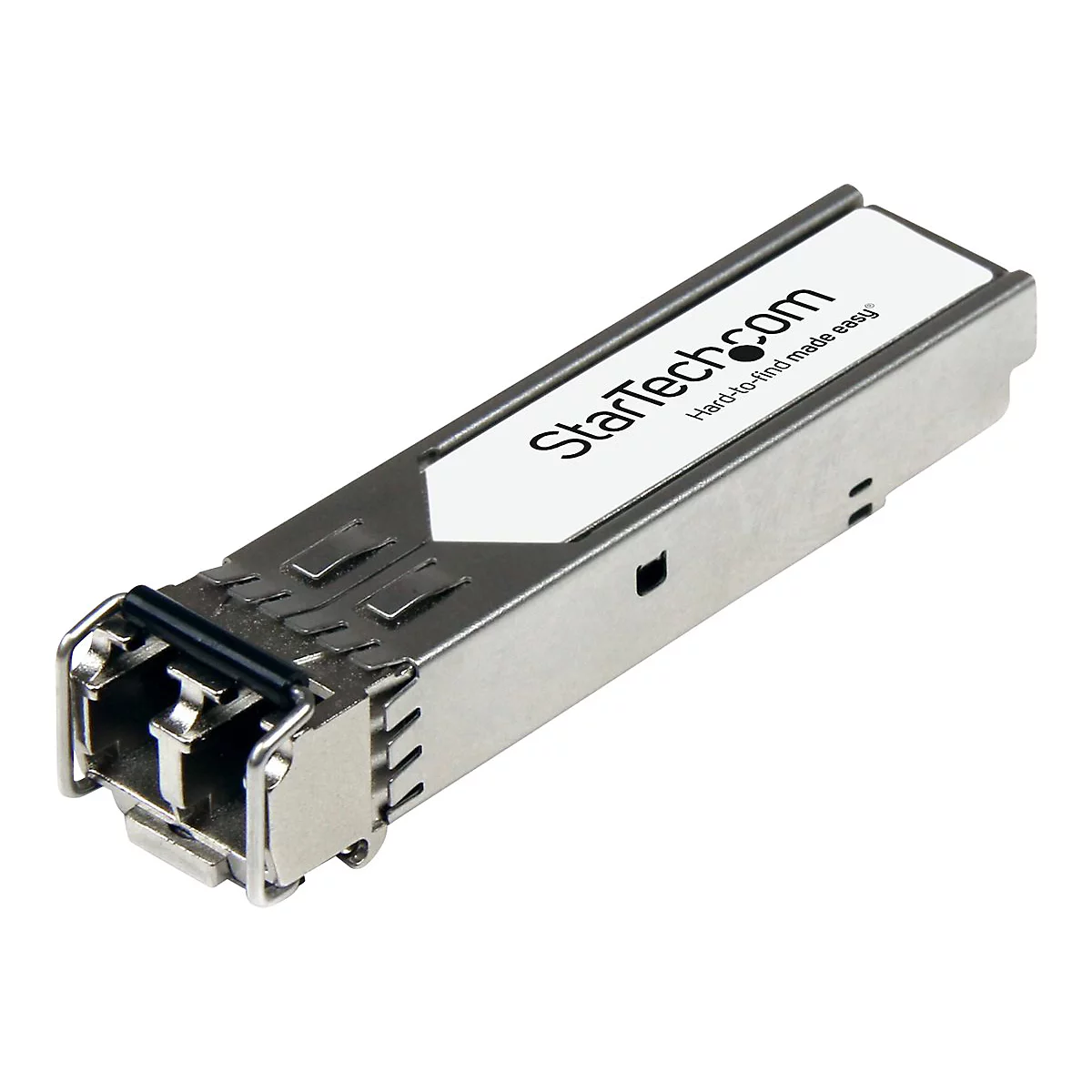 Ein silbernes SFP-Modul mit weißem Label und dem Schriftzug "StarTech.com".