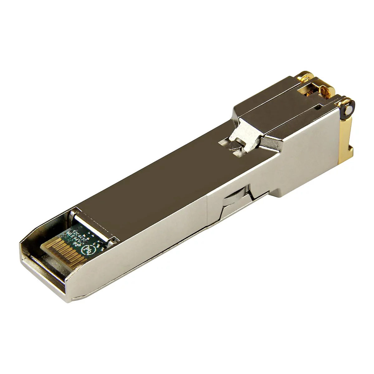 Metallfarbener Netzwerkadapter, mit grünem Chip im Gehäuse. Auf weißem Hintergrund.