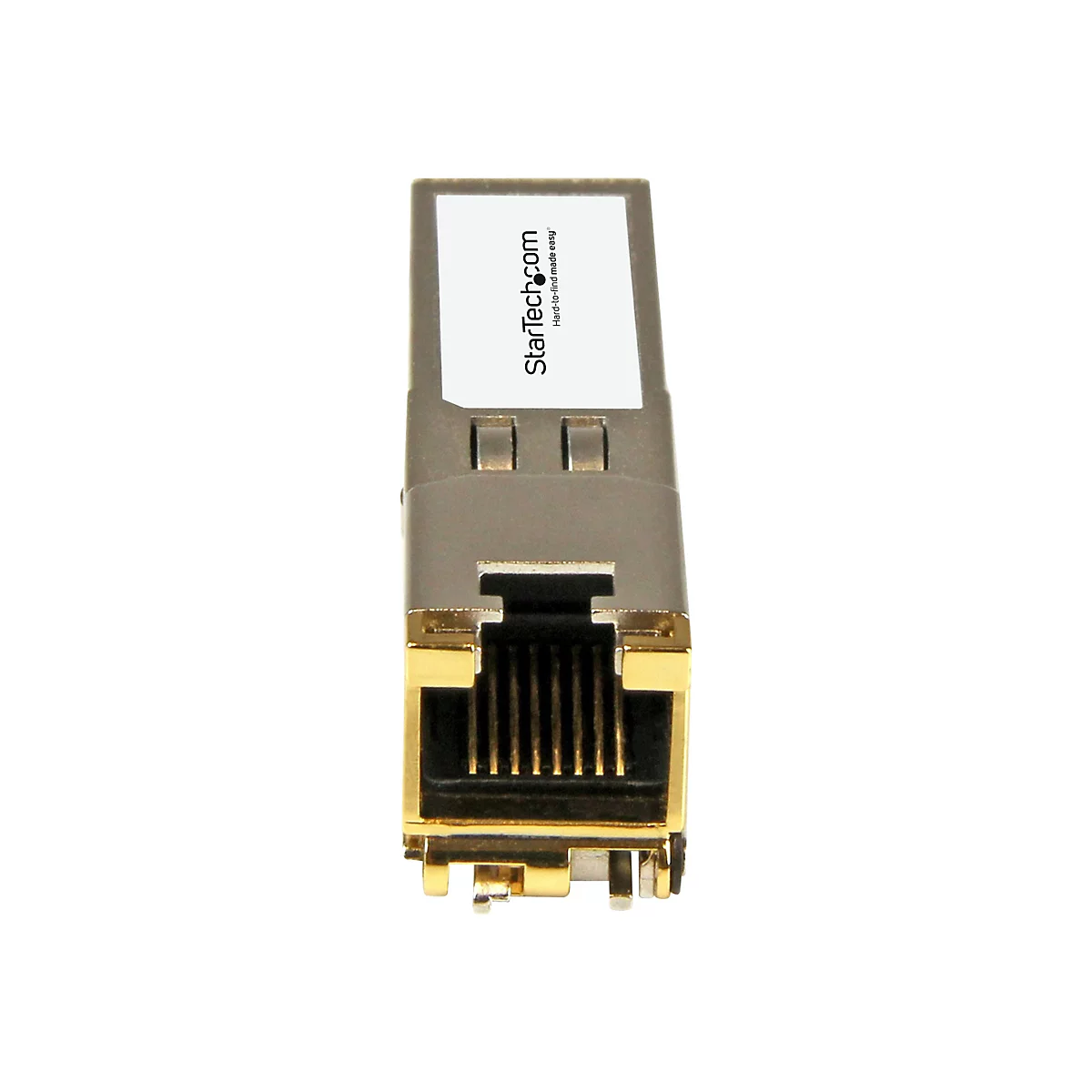 Ein Metall-Netzwerkmodul mit goldfarbenen Anschlüssen und dem Logo von StarTech.com.