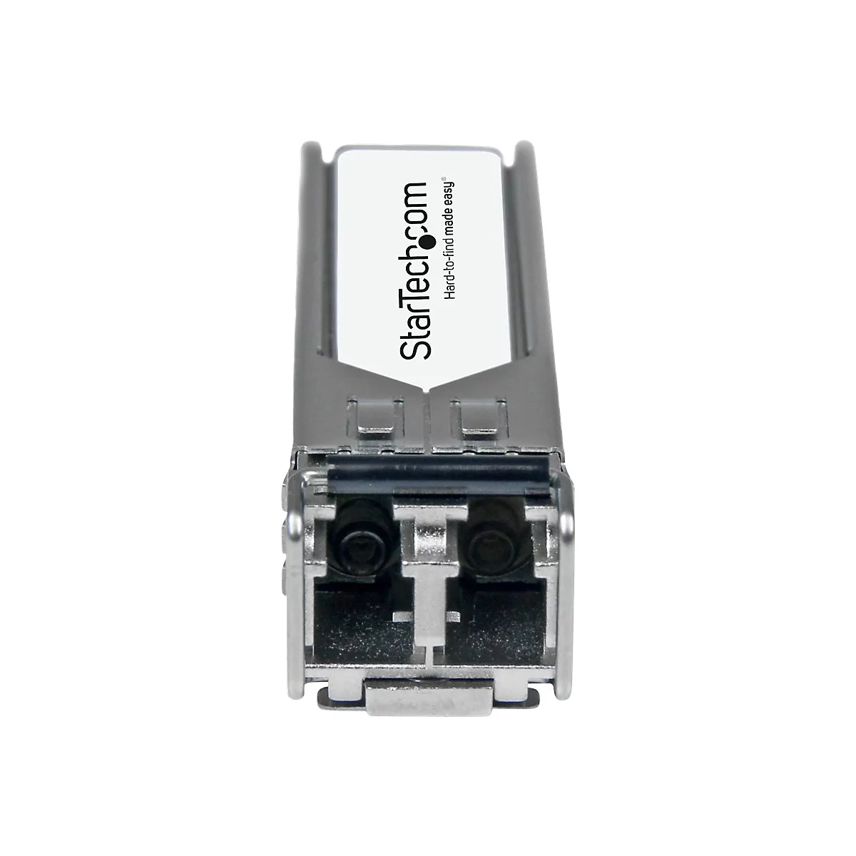 Nahaufnahme eines silbernen Netzwerkmoduls. Mit StarTech.com Logo und dem Text "Hard-to-find made easy".