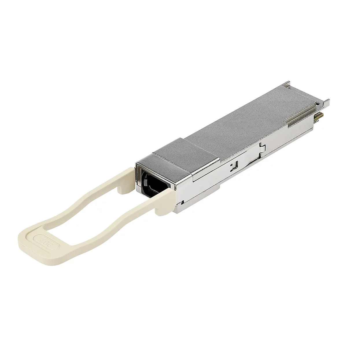 Ein silberner Netzwerkadapter mit hellbeigem Hebel auf weißem Hintergrund.
