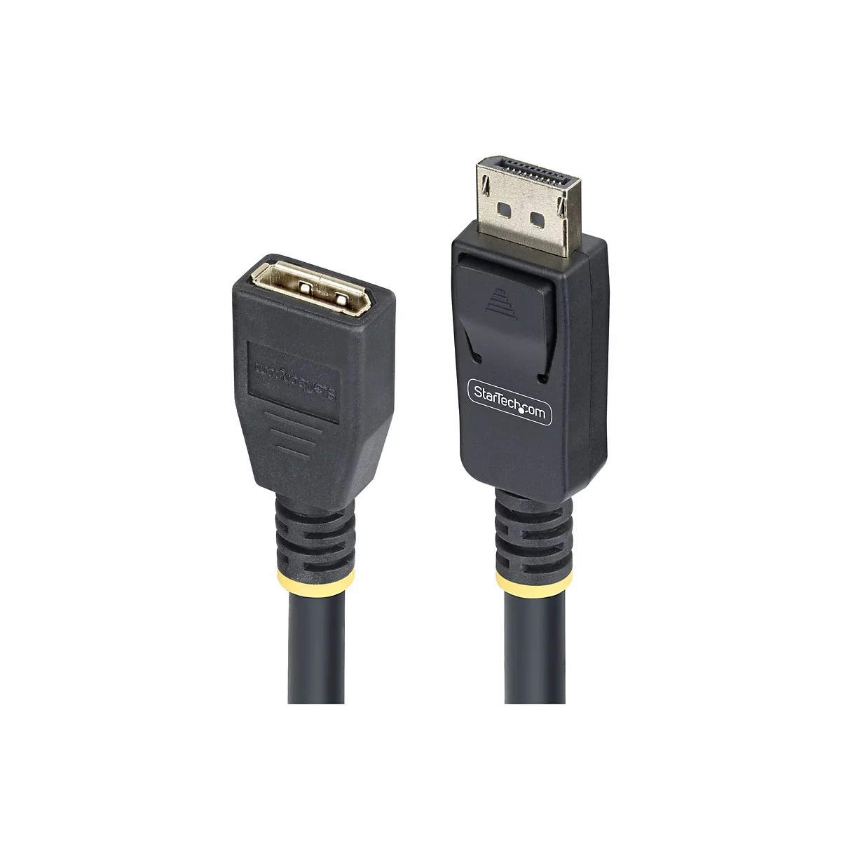 Deux câbles DisplayPort noirs avec des fiches aux deux extrémités. Une fiche a un mécanisme de verrouillage.