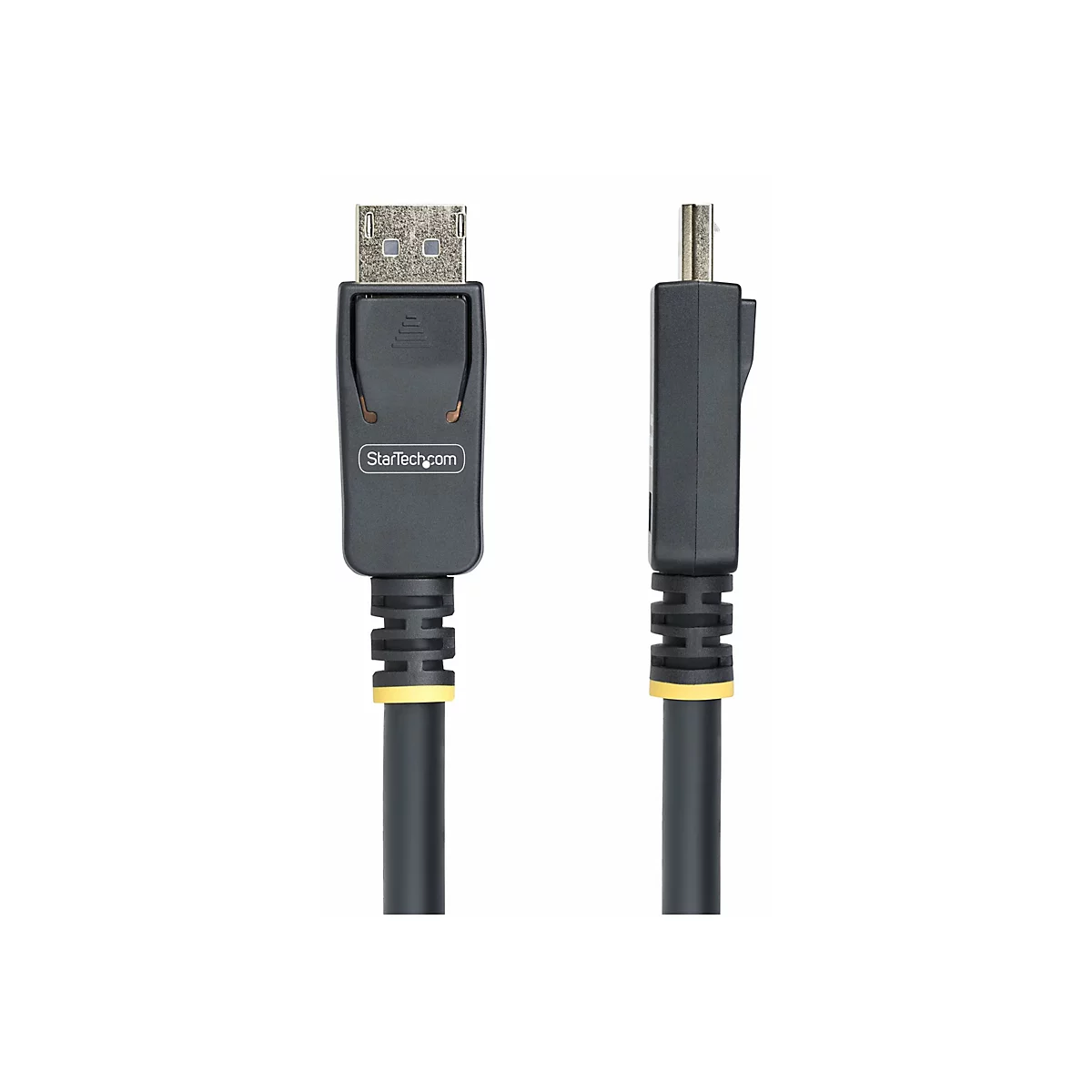 Câble DisplayPort noir avec des fiches aux deux extrémités. Une fiche porte l'inscription "StarTech.com".