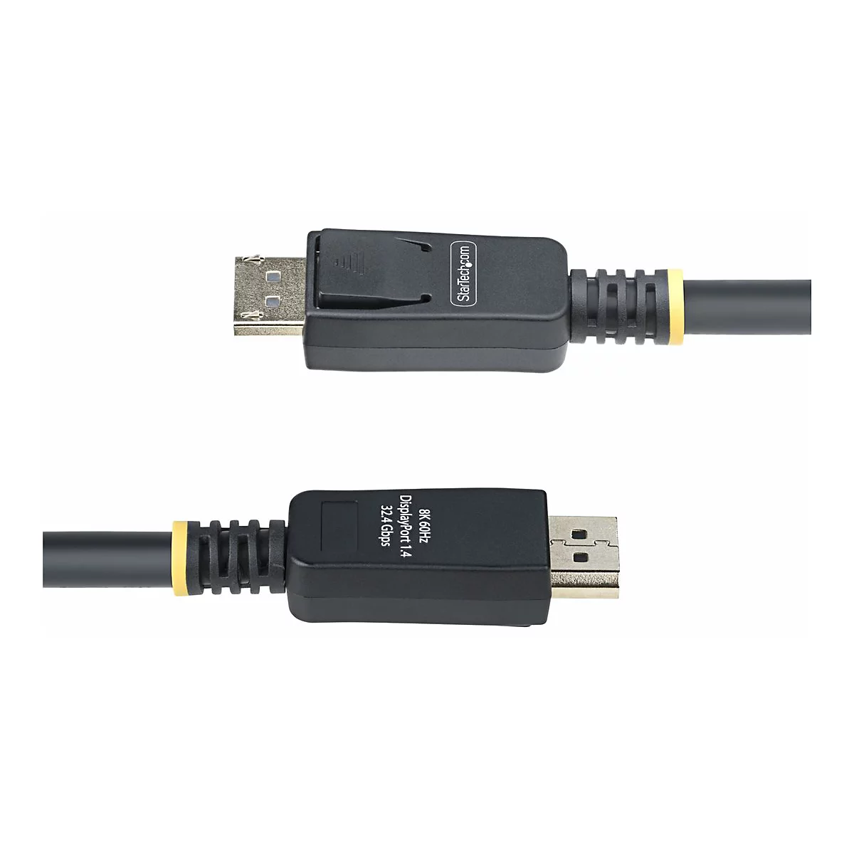 Deux câbles DisplayPort noirs avec des accents jaunes et des connecteurs sur fond blanc.