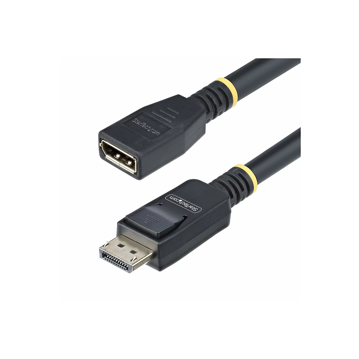 Un câble DisplayPort noir vers HDMI. Les deux extrémités sont présentées en détail, y compris le logo de l'entreprise.