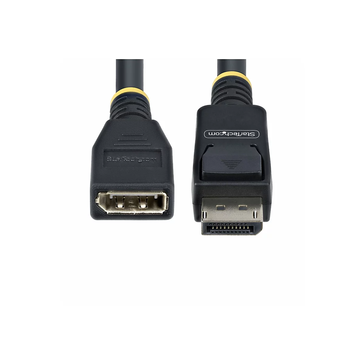 Deux câbles DisplayPort noirs avec des accents jaunes, posés côte à côte sur un fond blanc. Les logos StarTech.com sont visibles sur les connecteurs.