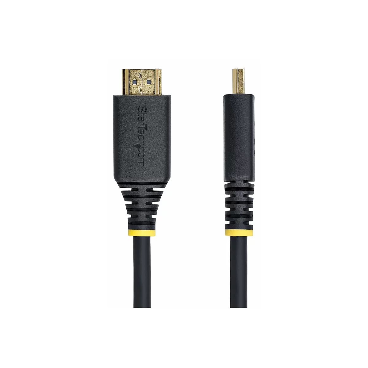 Un câble HDMI noir sur fond blanc. Le connecteur est doré, et le câble a des accents jaunes.