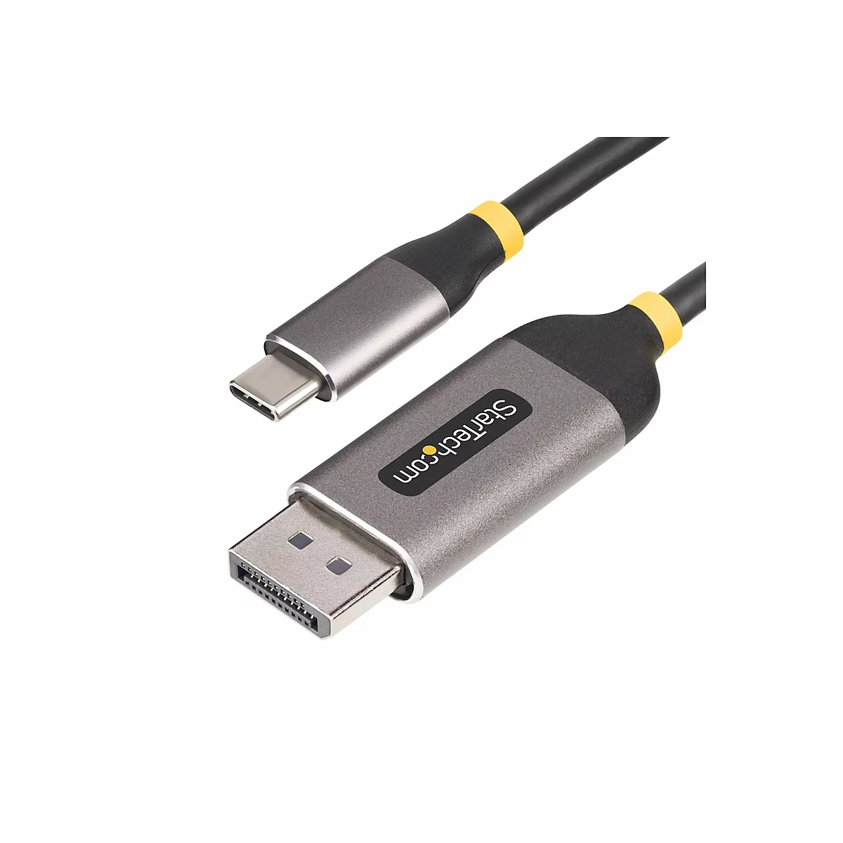 Un câble USB-C vers DisplayPort gris. Startech.com est sur le connecteur. Câble noir avec des accents jaunes.