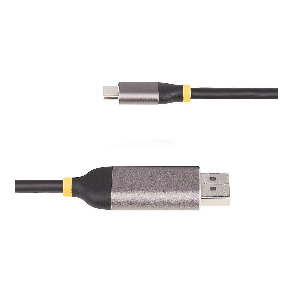 Câble USB-C et USB-A avec boîtiers gris et accents jaunes.