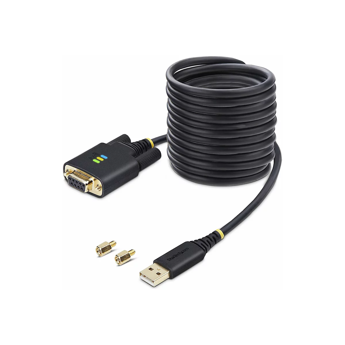 Un câble noir avec des connecteurs USB et DB9, et deux petites vis. Le câble est enroulé.