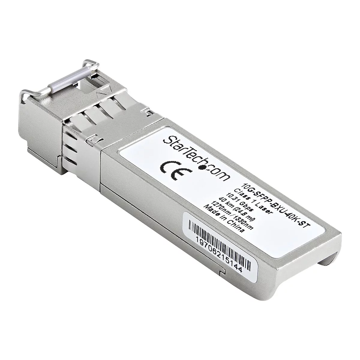 Ein silbernes StarTech.com 10G-SFPP-BXU-40K-ST Modul mit Text: Class 1 Laser, 10,31 Gbps und Made in China.