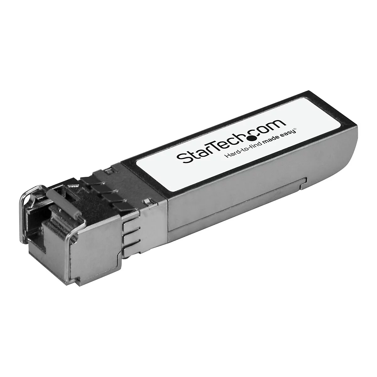 Ein silbernes StarTech.com Modul, das auf weißem Hintergrund liegt. Auf der Oberseite ist ein weißes Etikett mit dem StarTech.com Logo und dem Text 'Hard-to-find made easy'.