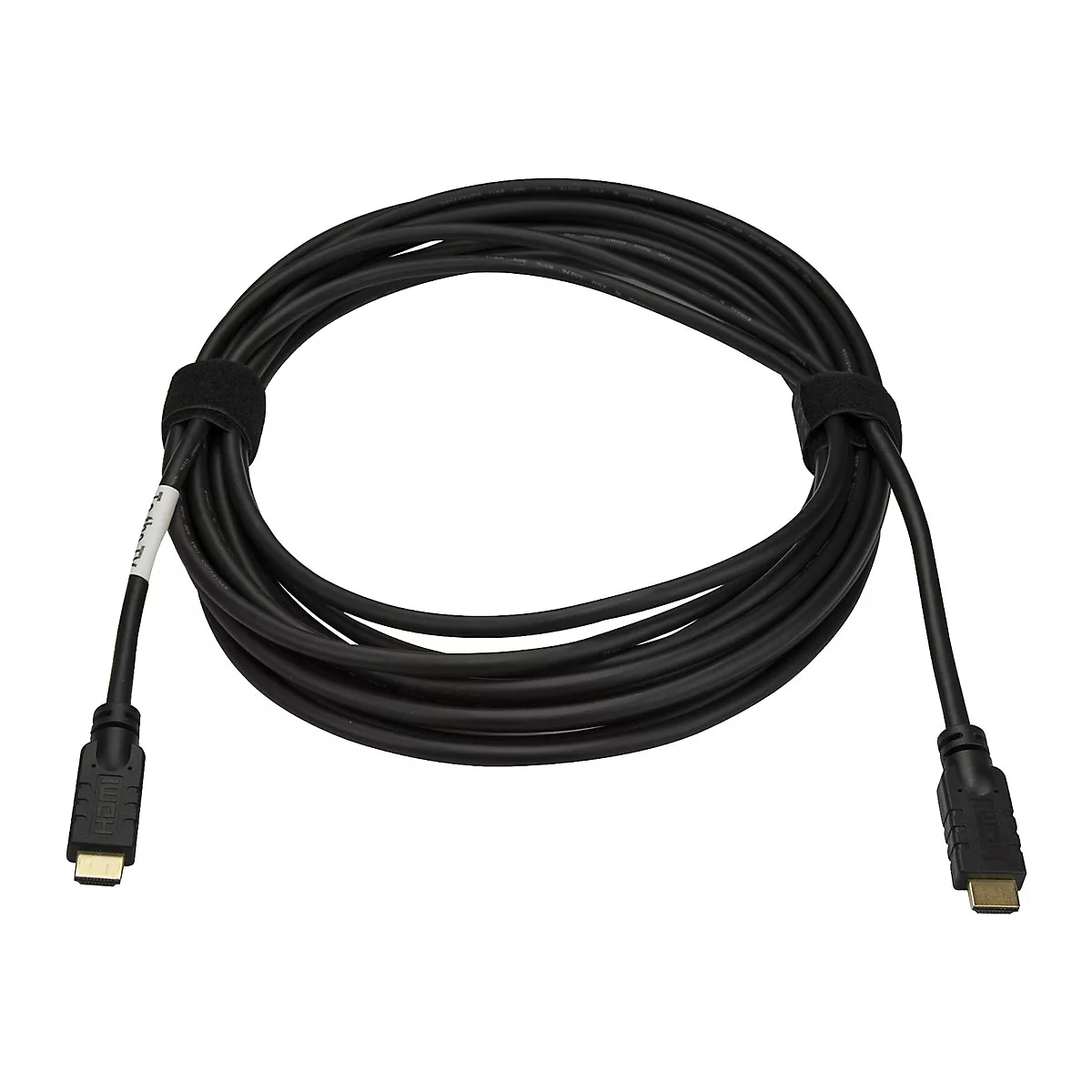 Ein schwarzes HDMI-Kabel, aufgerollt und mit Klettband fixiert. Stecker an beiden Enden.