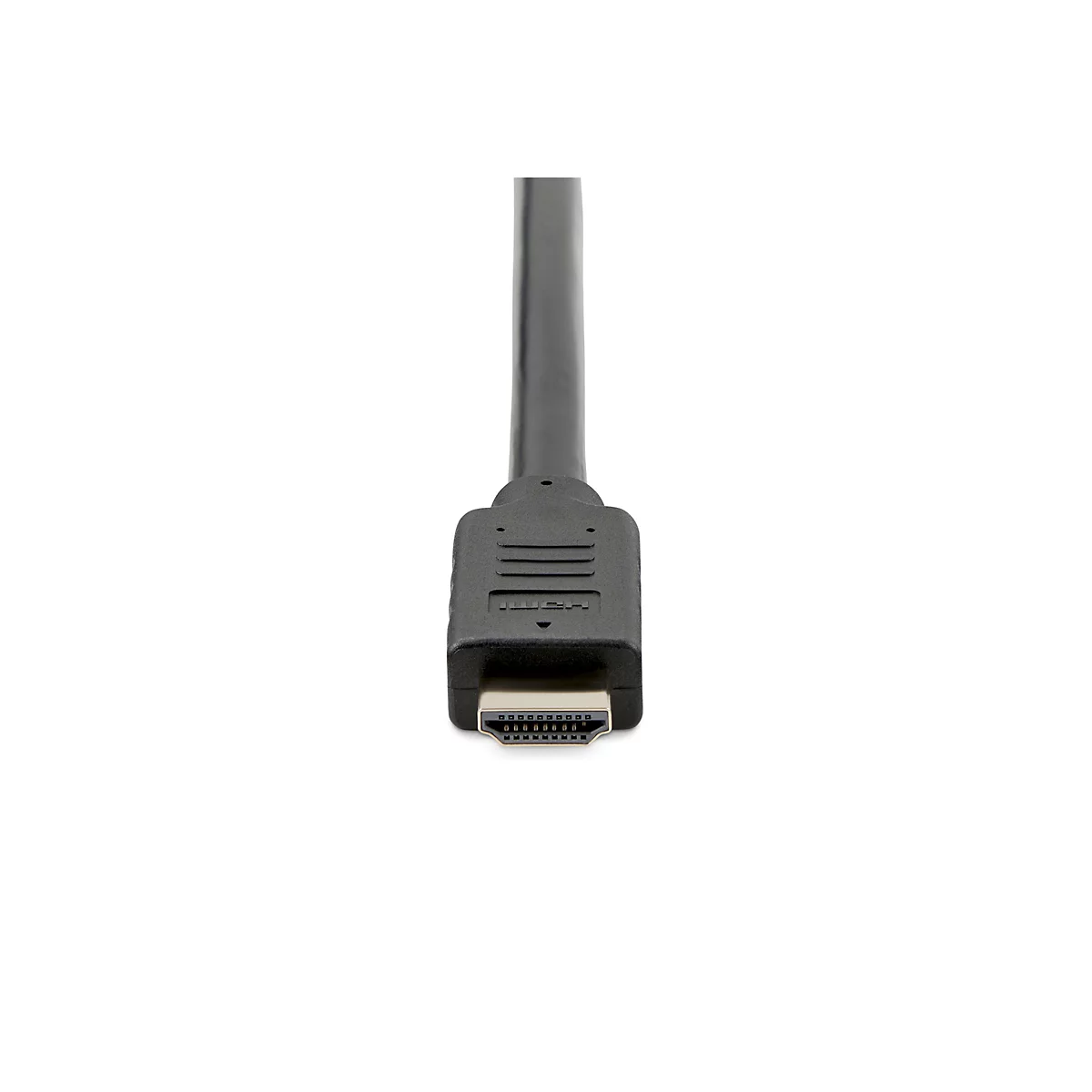 Nahaufnahme eines schwarzen HDMI-Kabels. Der Stecker ist auf weißem Grund zu sehen.