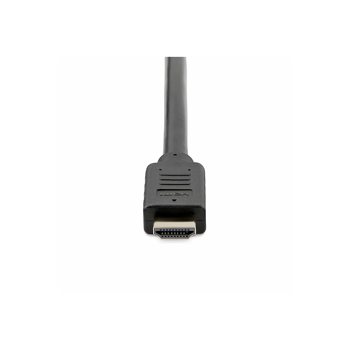 Ein schwarzes HDMI-Kabel mit Stecker, der nach vorn gerichtet ist. Auf dem Stecker steht „HDMI“.