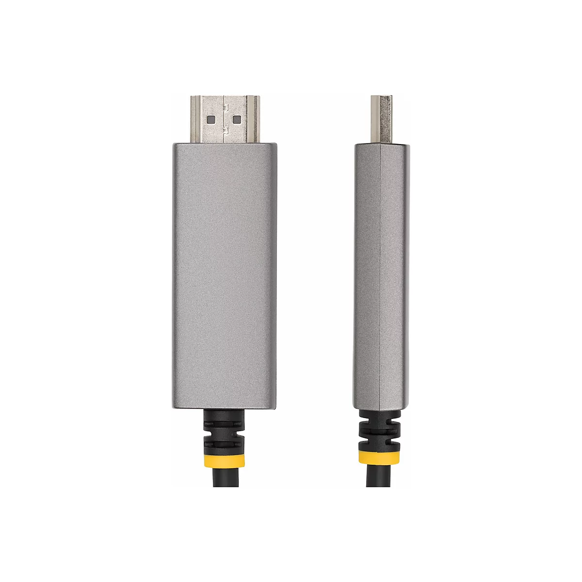 Deux câbles HDMI gris avec des connecteurs noirs et jaunes. L'un a un port HDMI, l'autre une prise.